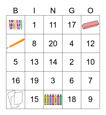 New School Supplies (Pic) + Numbers 1-20 Bingo Card