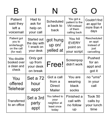 Call Center Bingo Card
