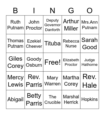"The Crucible" Characters Bingo Card