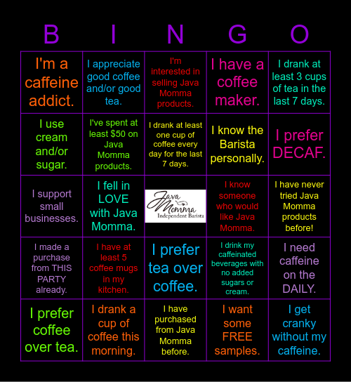 Java Momma Bingo Card