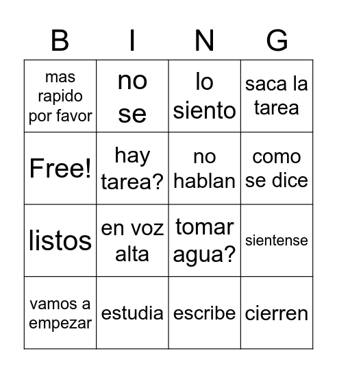 los mandatos de la clase Bingo Card