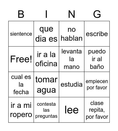 Mandatos de la clase Bingo Card