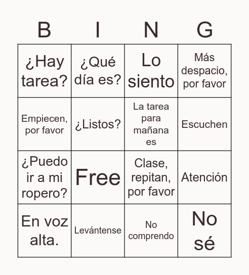 Los Mandatos de la clase Bingo Card