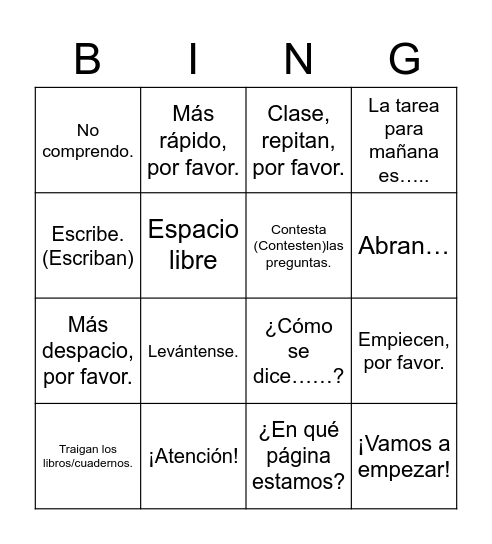 Los Mandatos de la Clase Bingo Card