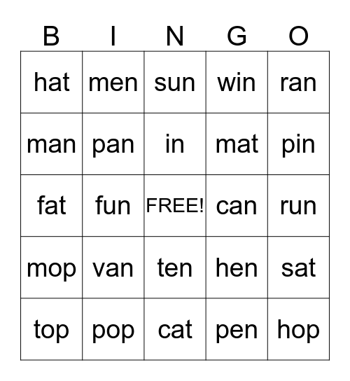 Word families Bingo Card