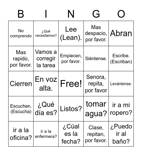 Commands Bingo Card