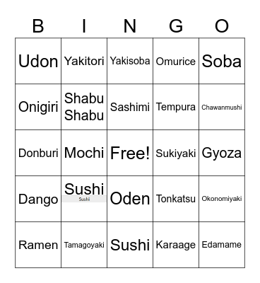 Japanese Food Bingo Card