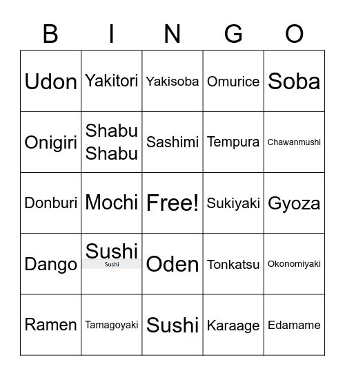 Japanese Food Bingo Card