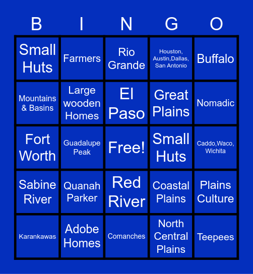 Texas Indians & Regions Bingo Card