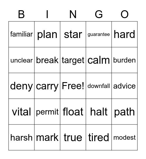 vocabulary Bingo Card