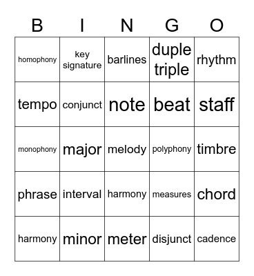 2.1 Elements of Music Bingo Card