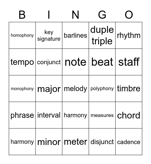 2.1 Elements of Music Bingo Card