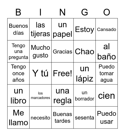 7th/8th Spanish Survival Guide Bingo Card