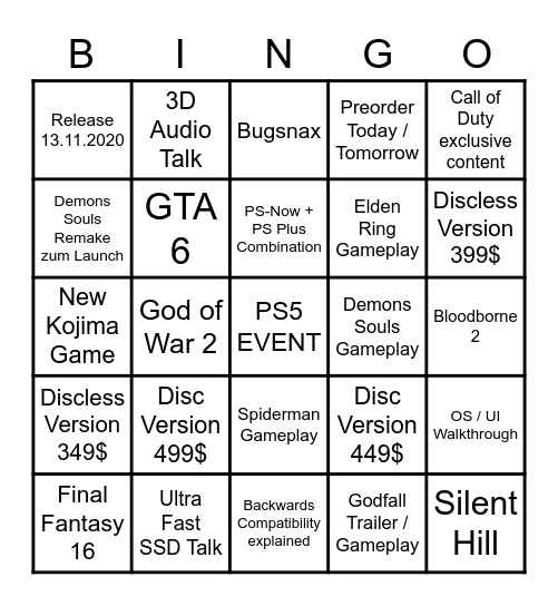 PS5 Event Bingo Card