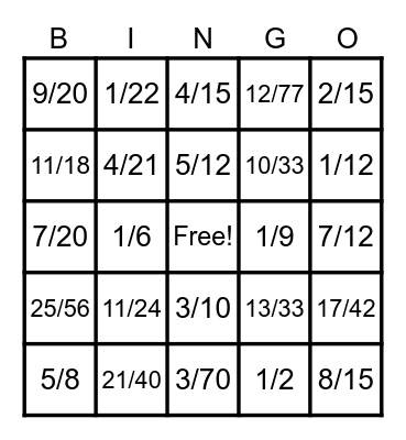 Fraction Subtraction Bingo Card