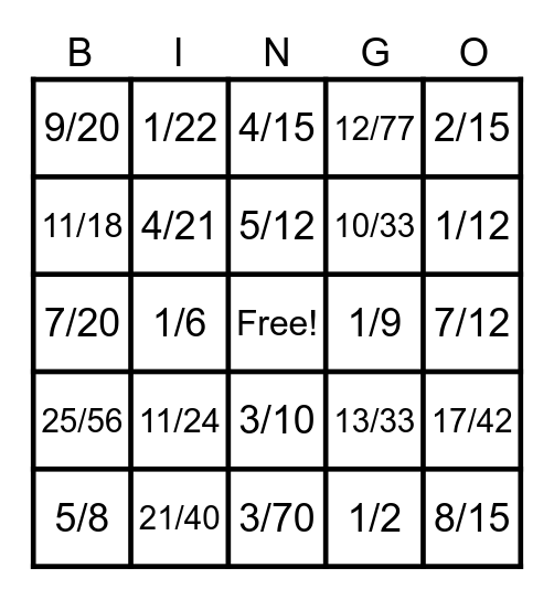 Fraction Subtraction Bingo Card