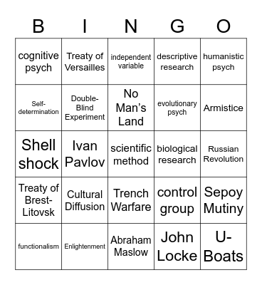 World War I Bingo Card