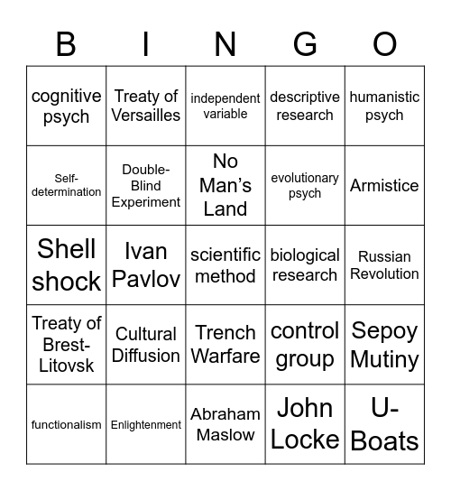 World War I Bingo Card