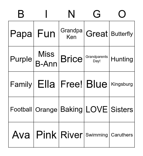 Ehoff Grandparents Day Bingo Card
