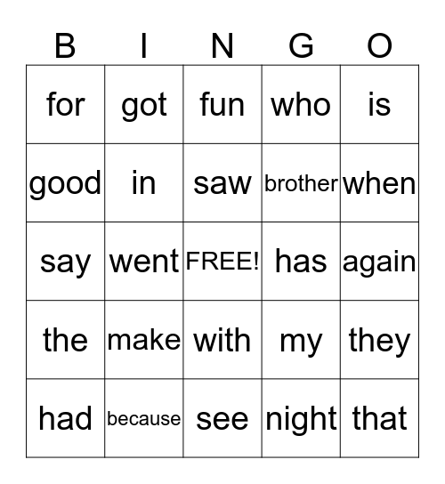 Sight Word Bingo Card