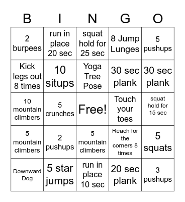 Physical Fitness Bingo Card
