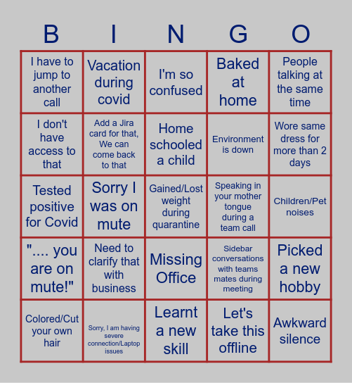 Work From Home Bingo Card