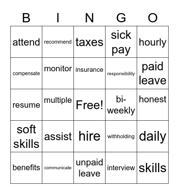 Employment Vocabulary Bingo Card