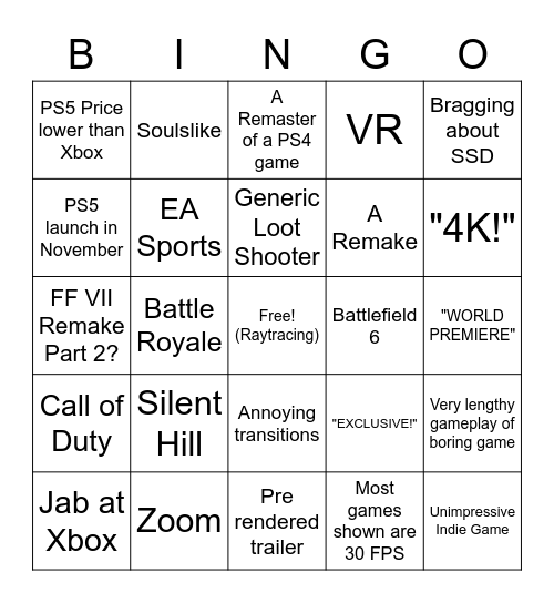 PS5 Games Reveal Bingo Card