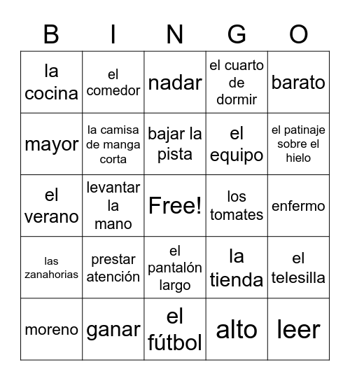 Repaso Vocabulary Bingo Sheet #1 Bingo Card