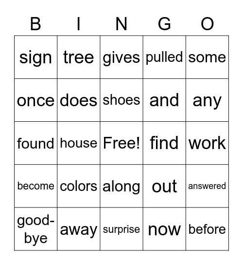 First Grade Sight Words Bingo Card