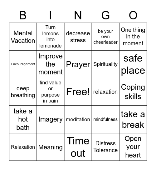 Distress Tolerance- IMPROVE Bingo Card