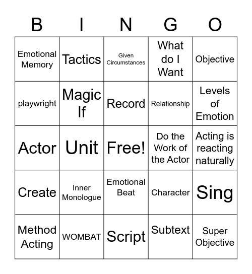 Acting the Song Bingo Card