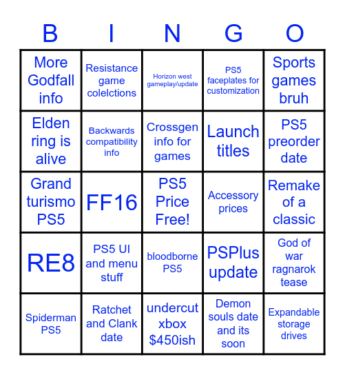PS5 Event 9/16 Bingo Card