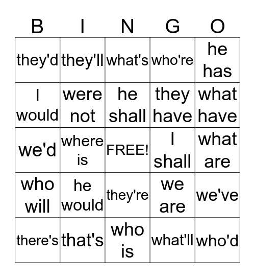 Contraction Bingo Card 3 Bingo Card