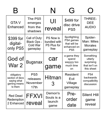 PS5 Event Bingo Card