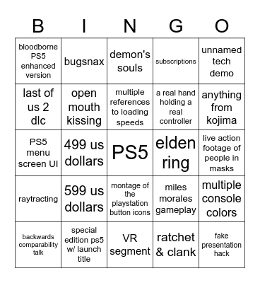 PS5 Bingo Card