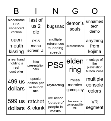 PS5 Bingo Card
