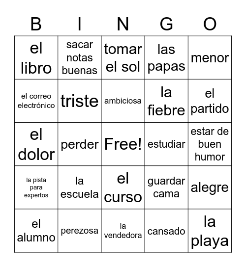 Repaso Vocabulary Bingo Sheet #2 Bingo Card