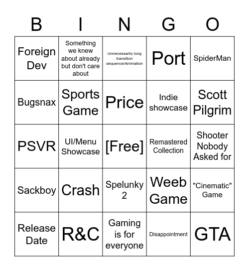 PS5 Event Bingo Card