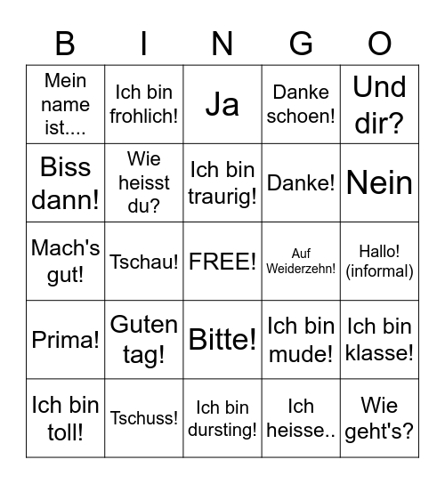 German greetings Bingo Card