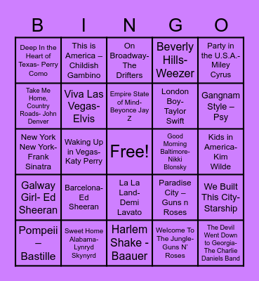 Sing-O Round 1 (Places) Bingo Card
