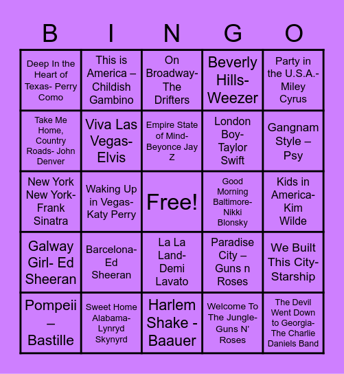 Sing-O Round 1 (Places) Bingo Card