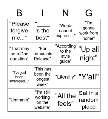 Communications Bingo Card