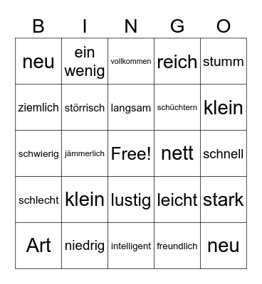 German - Adjectives Bingo Card