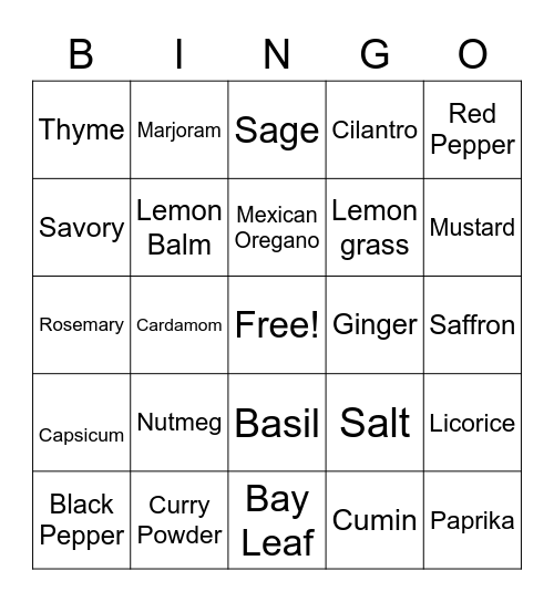 Spice Bingo Card