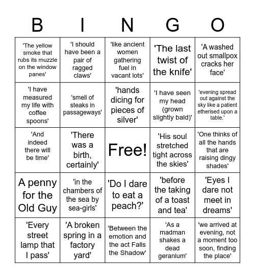 TS Eliot Quotes Bingo Card