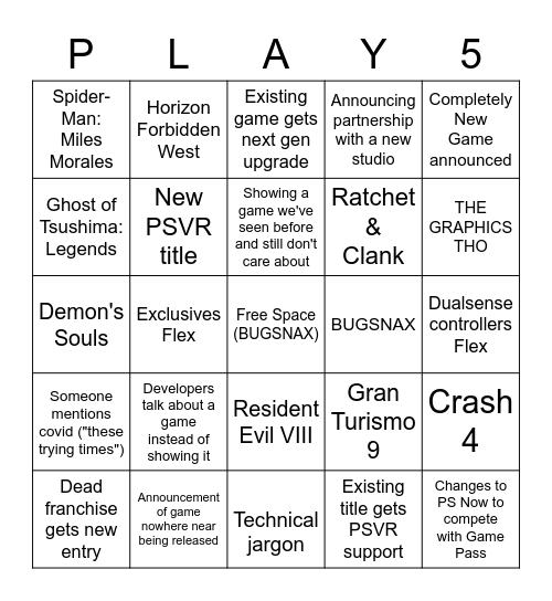 PS5 CONFERENCE Bingo Card