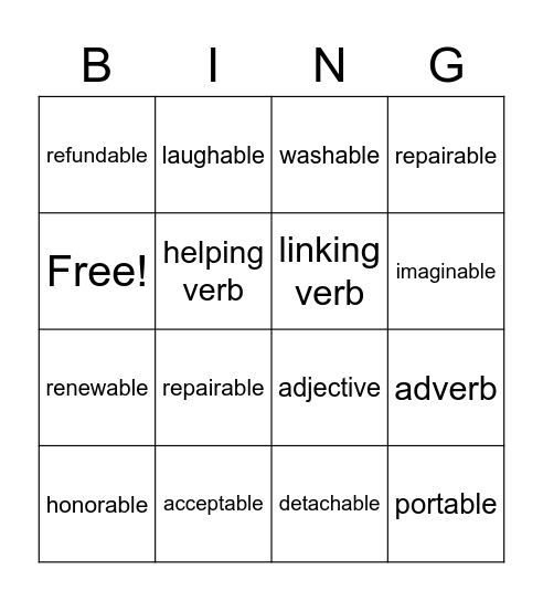 Week 5 Vocab/Grammar Bingo Card