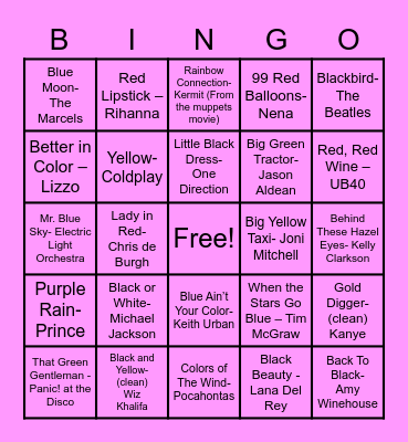 Sing-O Round 2 (Colors) Bingo Card