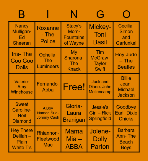 Sing-O Round 3 (Names) Bingo Card